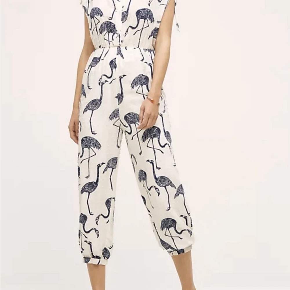 Corey Lynn Calter White and Black Crane Print Jumpsuit